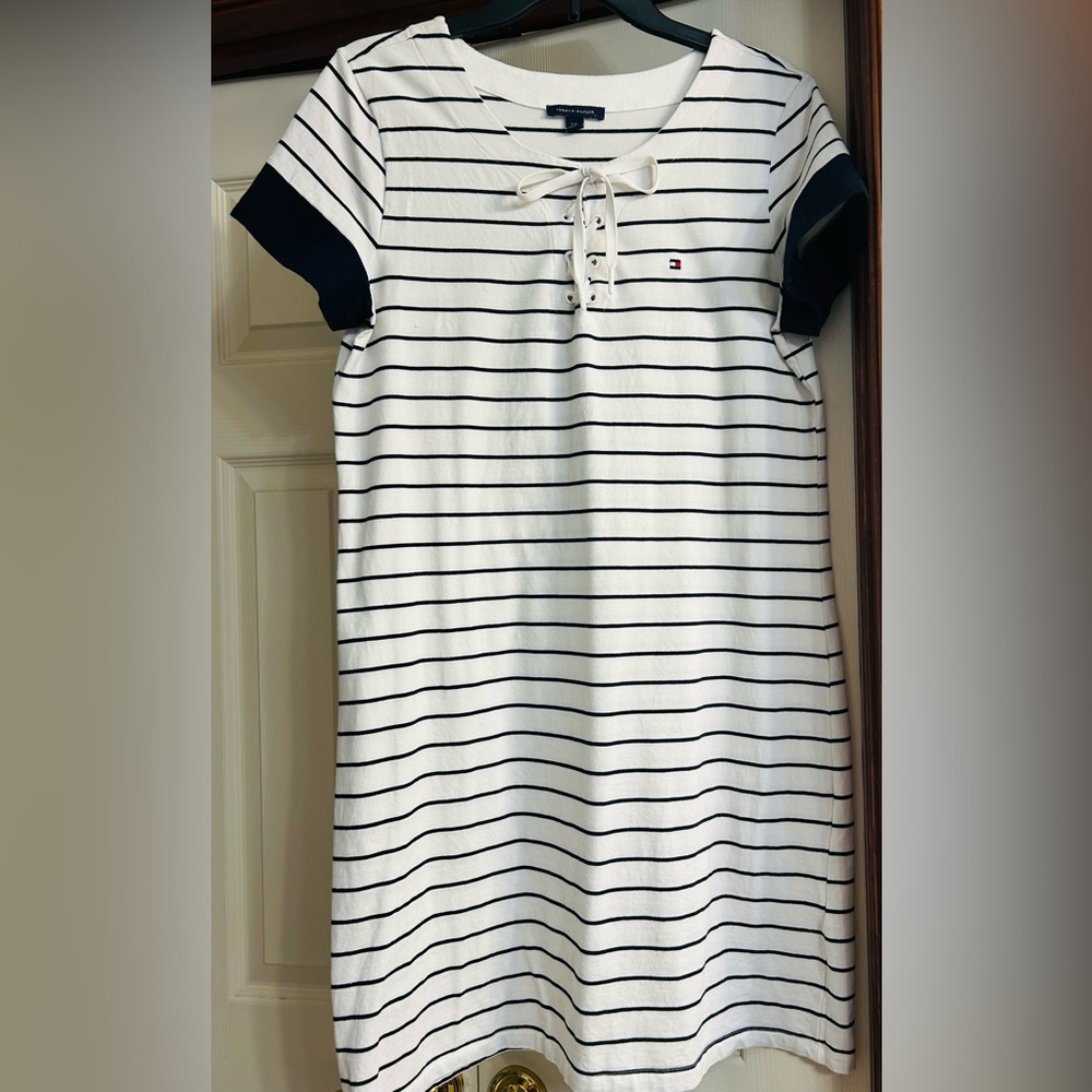 Tommy Hilfiger White with Navy Striped Lace-Up Dress